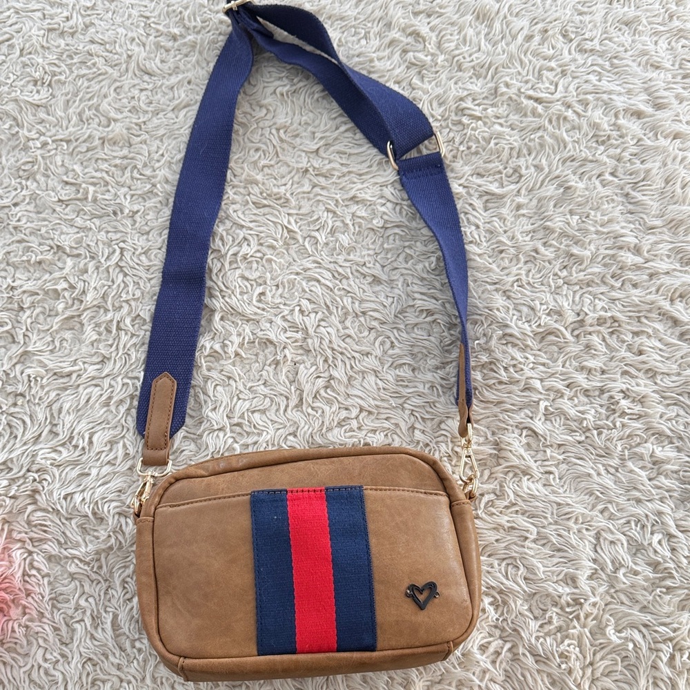 Tan Crossbody Bag with Blue and Red Stripe